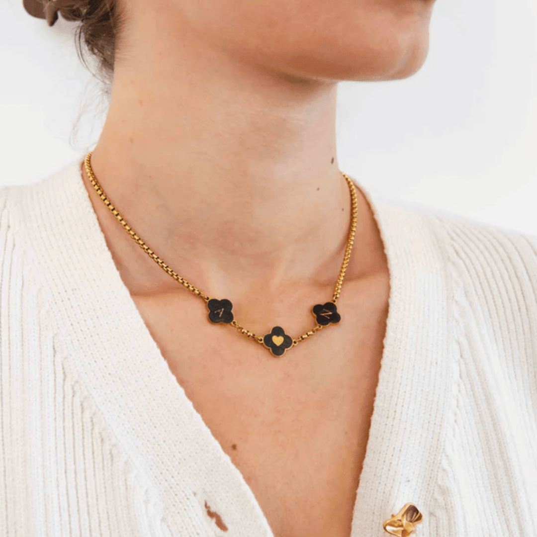 Black Enamel Clover Necklace - Personalised & Elegant - View 2